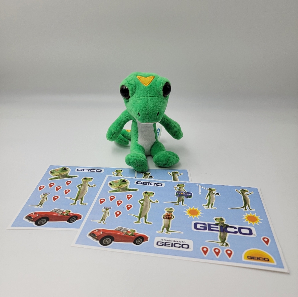 Geico Gecko Stuffed Animal Plush Toy Lizard 5" Insurance With Bonus STICKERS